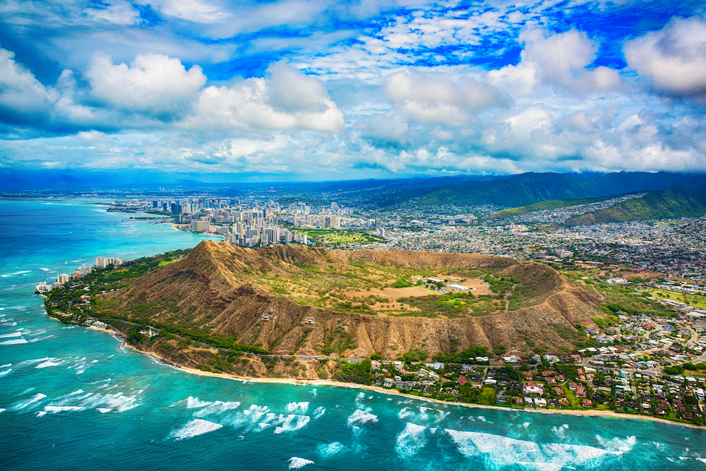 Aerial of Honolulu Hawaii Beyond Diamond Head