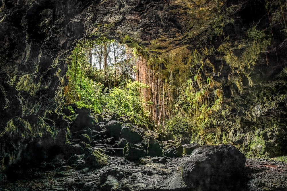 Kaumana Caves lava tube, formed on the Big Island of Hawaii during an 1881 lava flow of the Mauna Loa volcano.